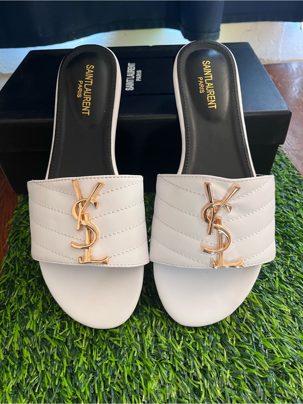 Saint Laurent White Quilted Slide Sandals with Gold YSL Monogram